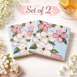 Dogwood Pink & White Flower Sandstone Coaster Set of 2 - Cottage Floral